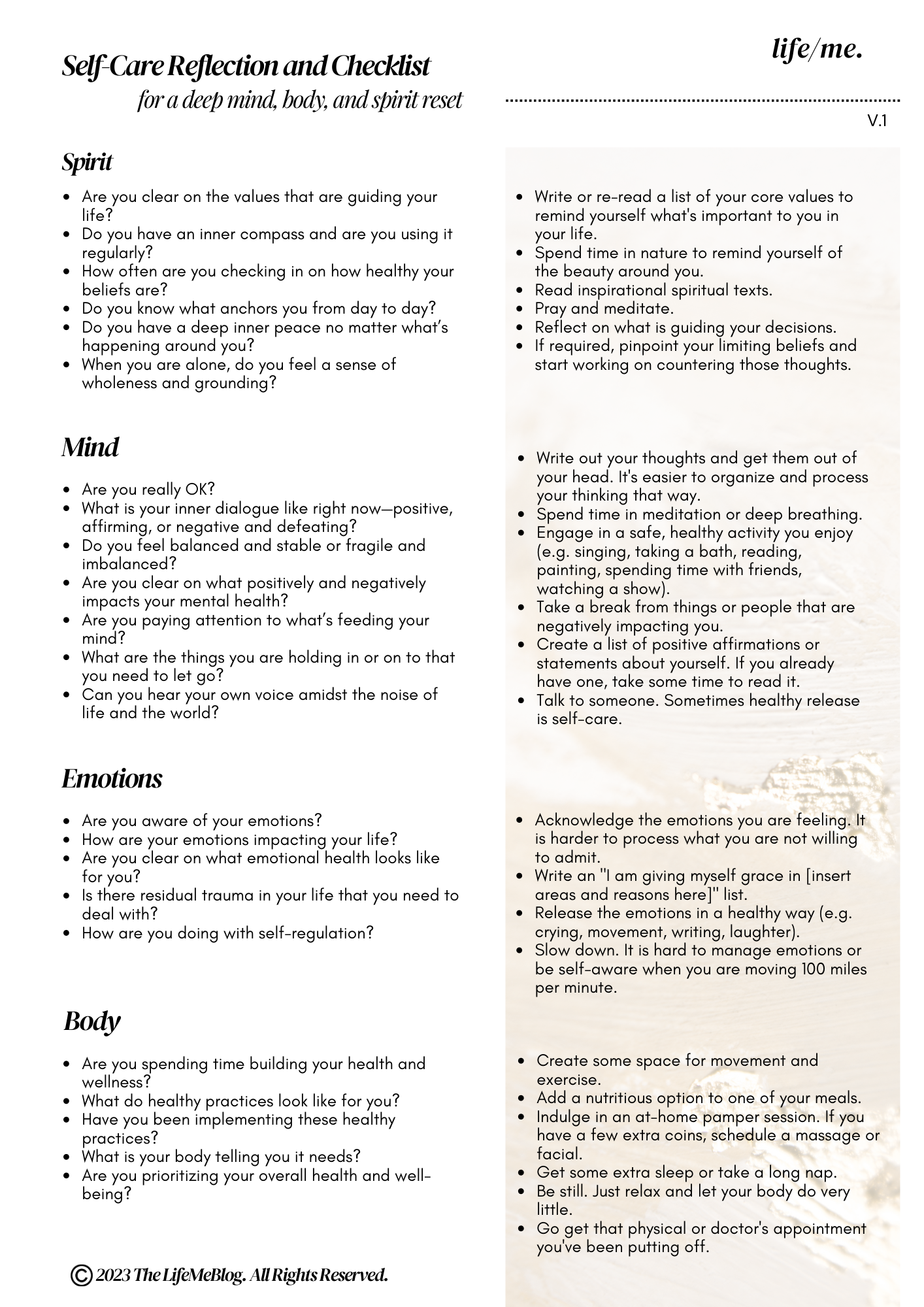A screenshot of a document titled "self-care reflection and checklist for deep mind, body, and spirit reset." The image is divided into two columns with a series of reflection prompts and tips in the categories of spirit, mind, emotions, and body. 